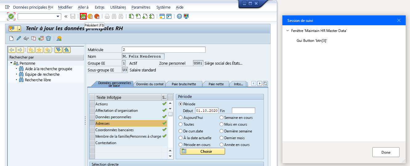 Capture d’écran de la fenêtre Maintenir les données de base des RH dans SAP Easy Access à côté de la fenêtre de session de suivi de Power Automate Desktop.