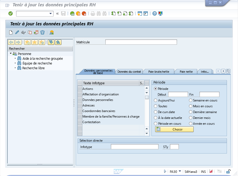 Capture d’écran de la fenêtre Maintenir les données de base des RH de l’application SAP Easy Access.