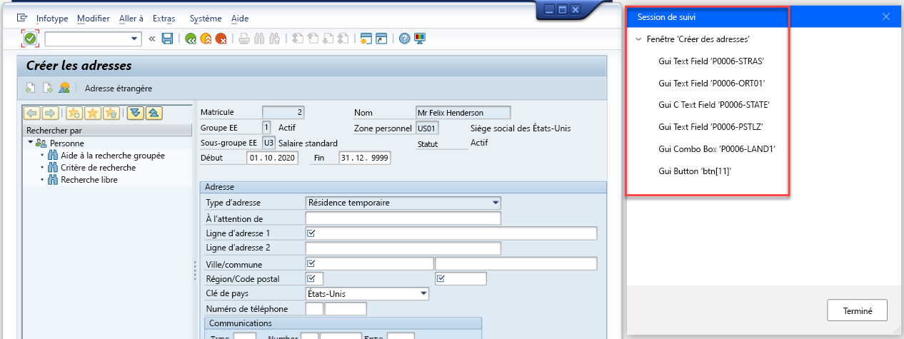 Capture d’écran montrant la fenêtre SAP Easy Access avec la fenêtre de session de suivi Power Automate Desktop.