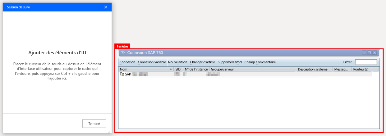 Capture d’écran de l’écran SAP Logon 760 entouré d’un cadre rouge et d’une fenêtre de session de suivi Power Automate Desktop.