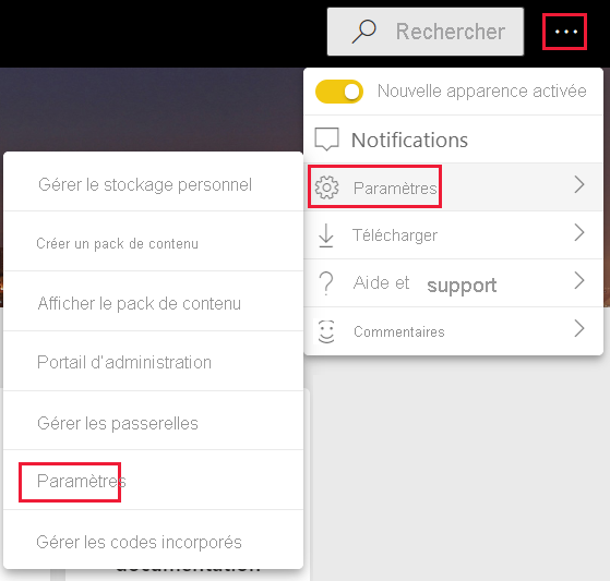 Screenshot of the settings, settings, settings, menu option in Power B I service.