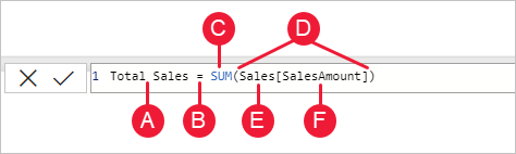 Capture d’écran d’une formule DAX avec des pointeurs vers des éléments de syntaxe individuels.