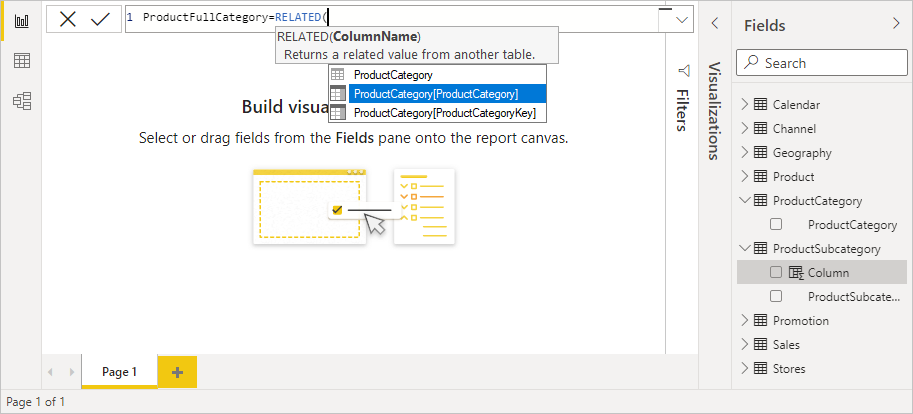 Capture d’écran de ProductCategory choisi dans la barre de formule pour la fonction Related.