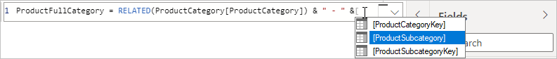 Capture d’écran de ProductCategory choisi pour la formule.