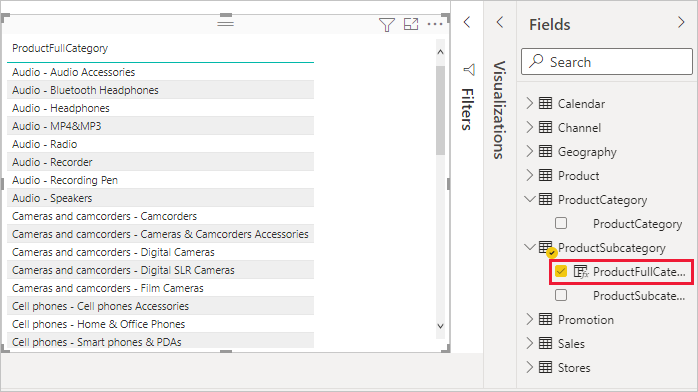 Capture d’écran de la table ProductFullCategory.