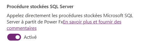 Capture d’écran montrant que le bouton bascule des procédures stockées SQL Server est défini sur Activé.