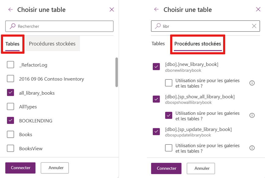Capture d’écran affichant les listes de tables, de vues et de procédures stockées qui peuvent être ajoutées à votre application.