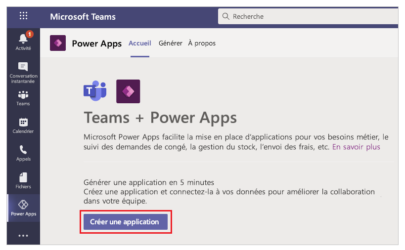 Créer une application depuis l’accueil Power Apps.