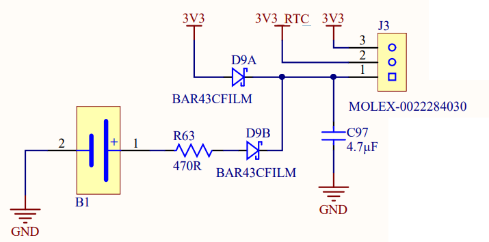 Circuit de batterie RTC recommandé par MediaTek à partir du Guide de conception du matériel MT3620 