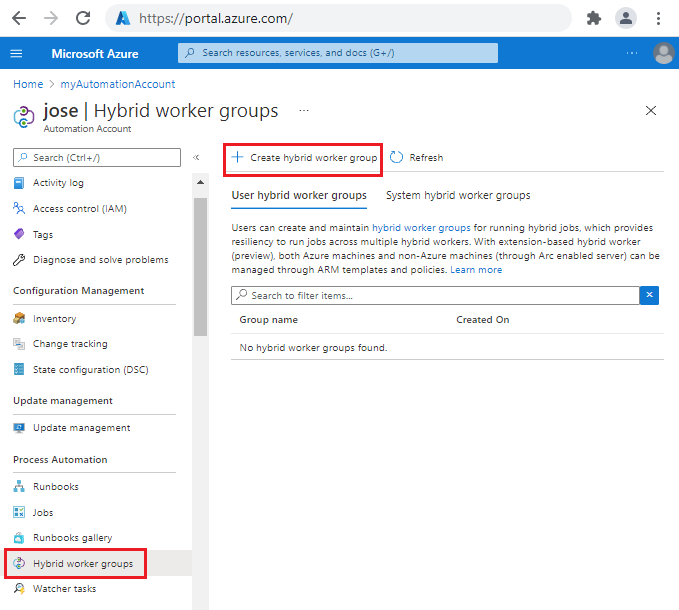 Screenshot showing to select hybrid Worker Groups option in portal.