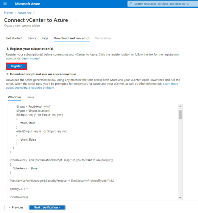 Capture d’écran montrant le bouton permettant d’inscrire des fournisseurs de ressources requis pendant l’intégration de vCenter à Azure Arc.