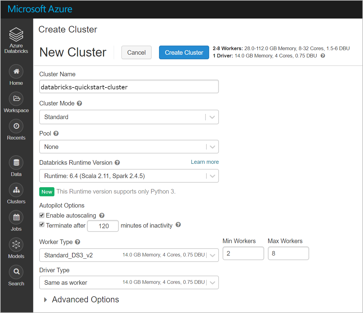 Créer un cluster Azure Databricks