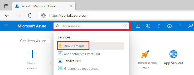 Capture d’écran de la barre de recherche du portail Azure avec « abonnements » inscrit.