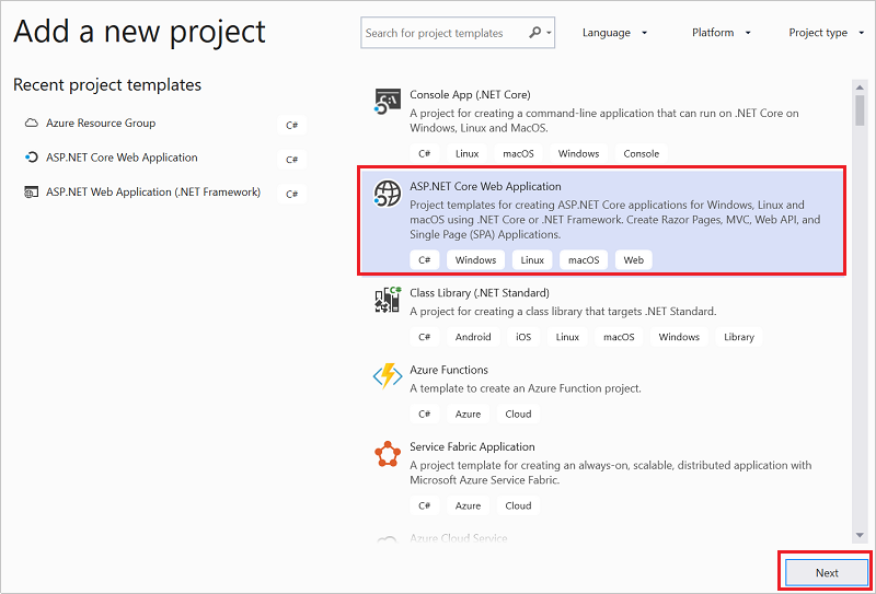 Capture d’écran de la fenêtre Nouveau projet dans une application web ASP.NET Core sélectionnée.