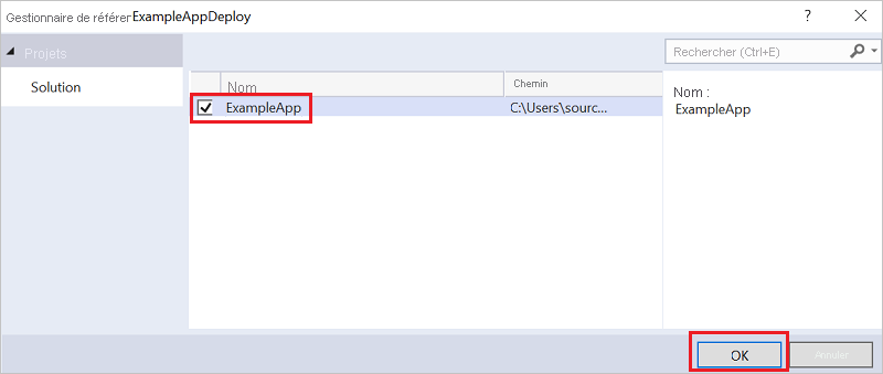 Capture d’écran de la fenêtre Ajouter une référence dans Visual Studio avec le projet d’application web sélectionné.