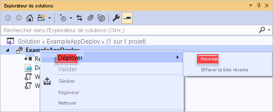Capture d’écran du menu contextuel de projet de déploiement avec les options Déployer et Nouveau mises en surbrillance.