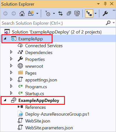 Capture d’écran d’Explorateur de solutions Visual Studio affichant les deux projets dans la solution.