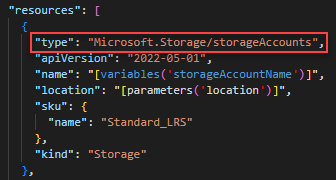 Capture d'écran de Visual Studio Code montrant la définition du compte de stockage dans un modèle ARM.