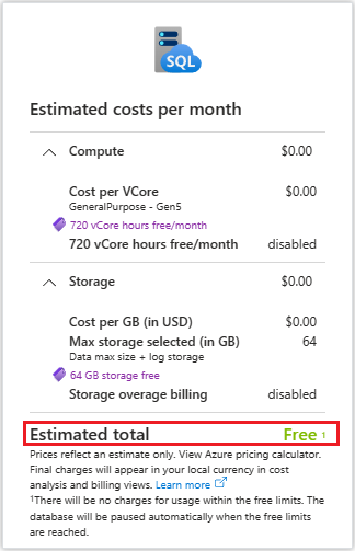 Capture d’écran de la fiche récapitulative des coûts de l’offre gratuite. Sont inclus dans les détails : « 64 Go de stockage gratuit » et « 720 heures vCore gratuites ».