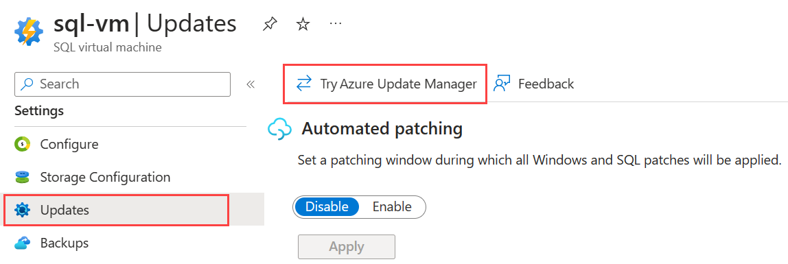 Capture d’écran de la page des mises à jour de la ressource de machines virtuelles Windows SQL dans le Portail Azure avec Essayer le Gestionnaire de mise à jour Azure mis en surbrillance.