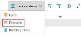 Capture d’écran de l’option Choisir le niveau du backlog de produit, éléments de backlog, récits ou exigences.
