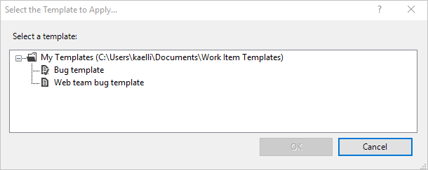 Capture d’écran de la boîte de dialogue Apply template (Appliquer un modèle) à partir de Visual Studio avec Power Tools installé.