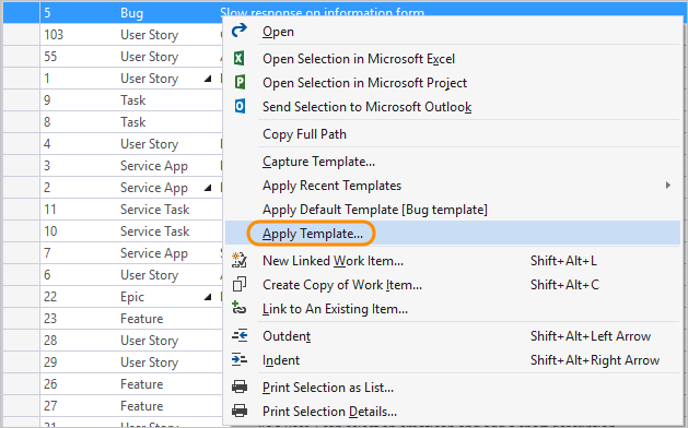 Capture d’écran illustrant l’application du modèle à l’élément de travail sélectionné à partir de Visual Studio avec Power Tools installé.