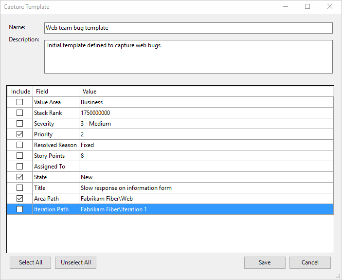 Capture d’écran de la boîte de dialogue Capture template (Capturer un modèle) à partir de Visual Studio avec Power Tools installé.