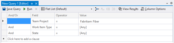 Capture d’écran de l’Éditeur de requête Visual Studio, requête de liste plate.