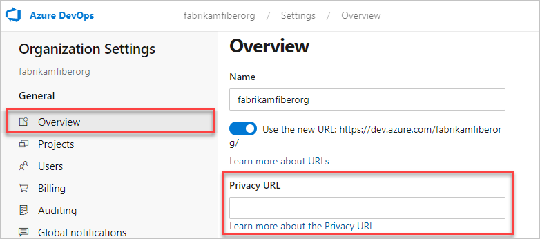 Capture d’écran montrant où vous pouvez ajouter l’URL de votre stratégie de confidentialité dans paramètres de l’organisation