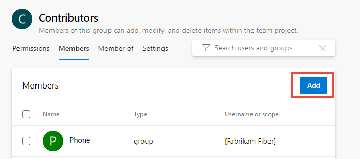 Capture d’écran de la page Sécurité, du groupe Contributeurs, de la page Membres, du bouton Ajouter.