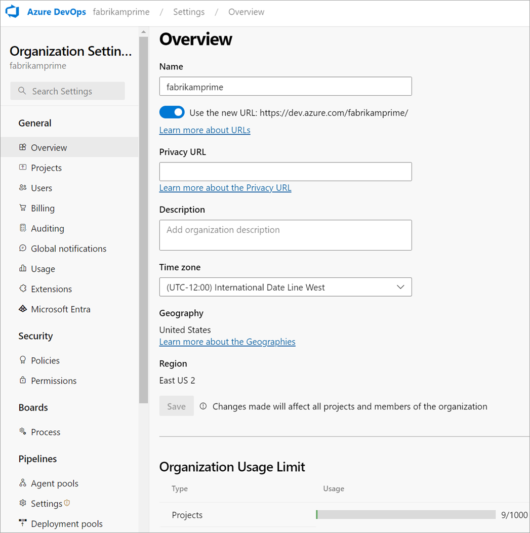 Capture d’écran des options des paramètres de l’organisation, cloud.