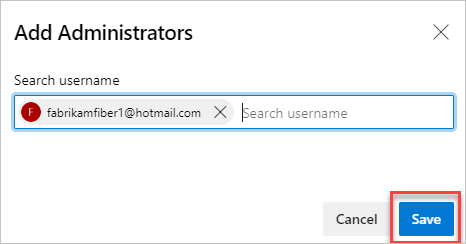 Capture d’écran de la boîte de dialogue Ajouter un administrateur d’équipe sur la page active pour Azure DevOps Server 2019 et versions ultérieures.