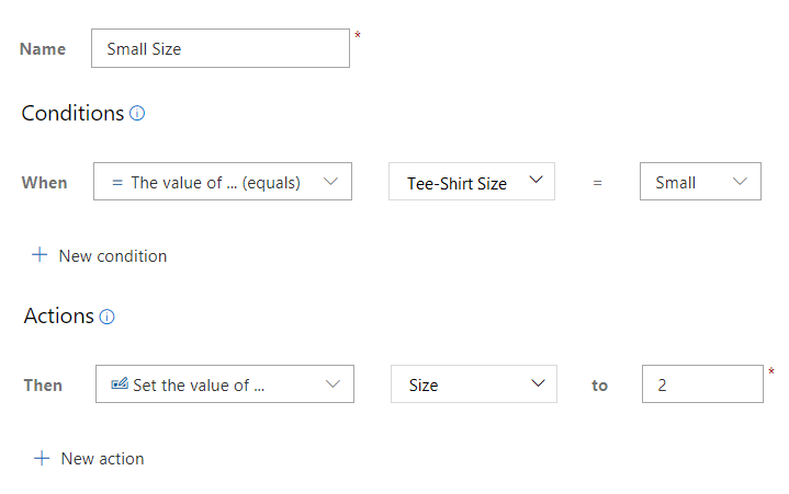 Capture d’écran de la règle personnalisée pour définir la valeur Taille du tee-shirt lorsque la taille du tee-shirt est définie sur Petite.
