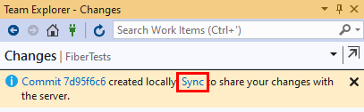 Capture d'écran du lien Sync qui s'affiche après avoir effectué une validation dans Visual Studio 2019.