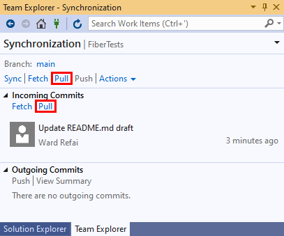 Capture d’écran du lien Tirer (pull) dans l’affichage Synchronisation de Team Explorer dans Visual Studio 2019.