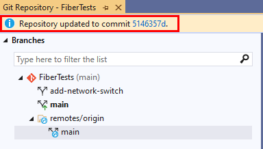 Capture d'écran du message de confirmation de fusion, figurant dans la fenêtre Référentiel Git de Visual Studio 2019.