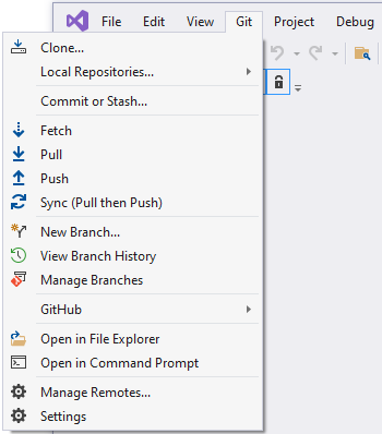 Capture d’écran du menu Git de Visual Studio 2019.