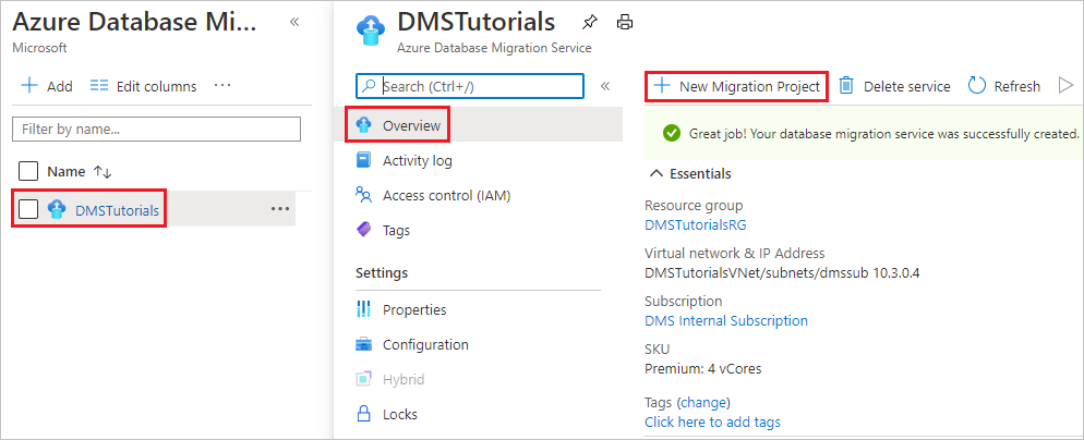 Capture d’écran de la recherche d’une instance Azure Database Migration Service.