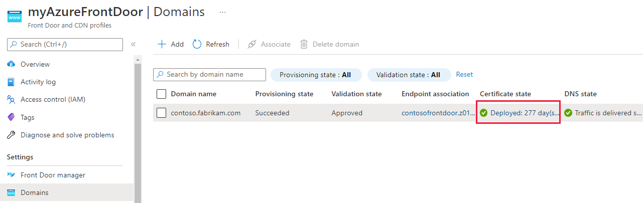 Capture d’écran montrant l’état du certificat dans le volet d’accueil Domaines.