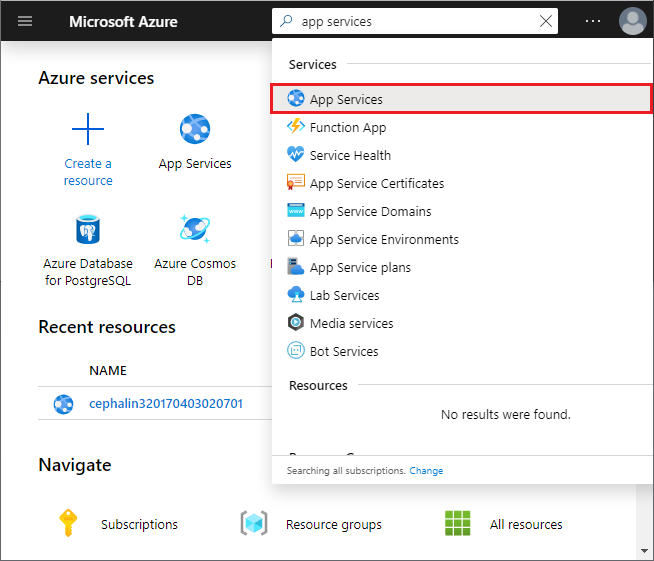 Screenshot of Azure portal, search box, and 