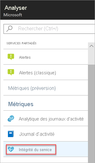 The service health link on Azure Monitor.