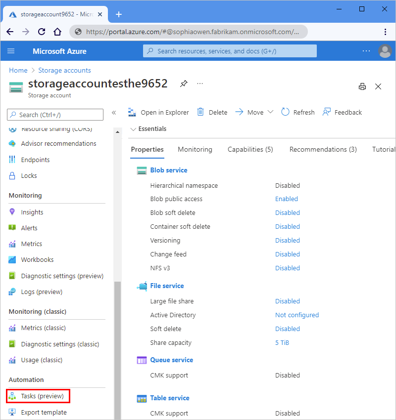 Screenshot that shows the Azure portal and storage account resource menu with 