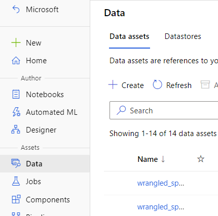 Screenshot highlights Create in the Data assets tab.