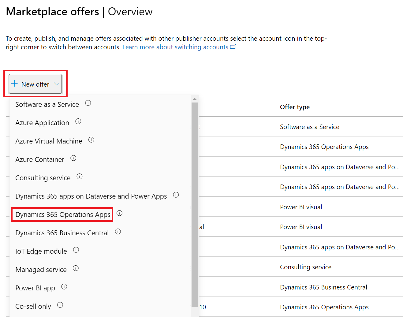 Screenshot of the 'New offer' button on the Marketplace offers page, highlighting the Dynamics 365 Operations Apps offer type.