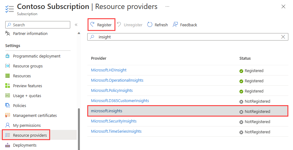 Capture d’écran de l’inscription du fournisseur Microsoft Insights dans le Portail Azure.