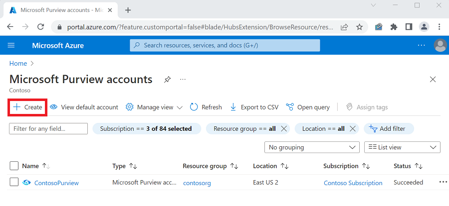 Capture d’écran de la page des comptes Microsoft Purview avec le bouton Créer mis en évidence dans le Portail Azure.
