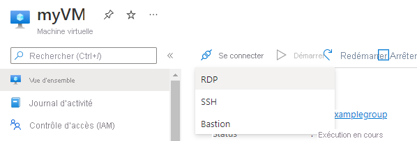 Screenshot showing the Connect button on the Azure portal with R D P highlighted.