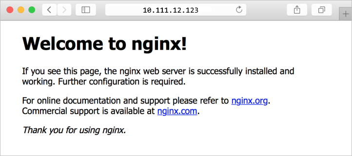 Capture d’écran montrant le site NGINX par défaut dans un navigateur