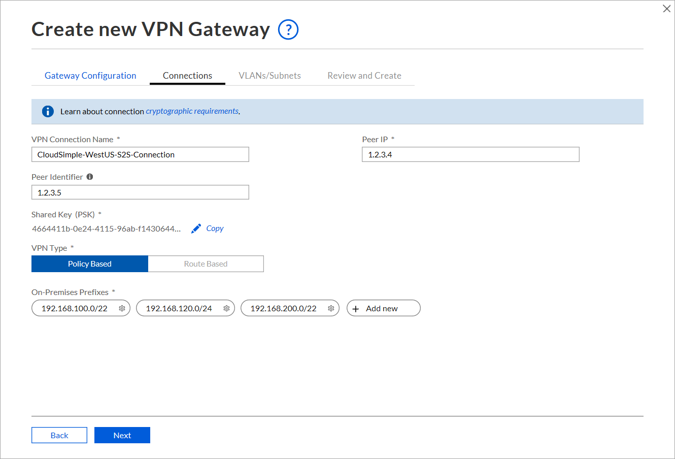 Créer une connexion à la passerelle VPN de site à site